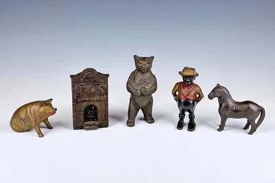 £0.80 • Buy Lot Of 5 Antique Old Cast Iron Still Banks City Bank Standing Bear Pig Etc