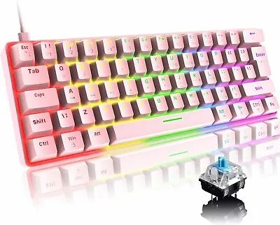 ZIYOULANG T60 Cute Pink Mechanical Keyboard Blue Switch White LED Backlit PC Win • £9.99