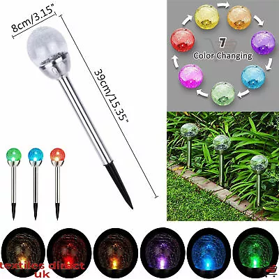 7 Colour Globe Solar Crackle Glass Ball Stake Light Garden Patio Stainless Steel • £13.95