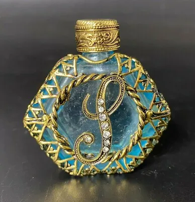 Vintage Czech Blue Glass Perfume Bottle Metal Fillgree Monogram Letter S Or L • $26.21
