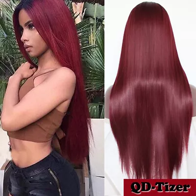 Ombre Burgundy Lace Front Wigs Heat Resistant Synthetic Long Straight Hair Soft • $19.90