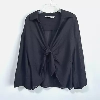 Zara Clip Dot Blouse XL Black Tie Button Front Long Sleeve Casual Top Boho Shirt • $23.79