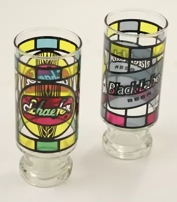 Lot Of 2 Vintage 70's Stained Glass Beer Glasses Black Label Schaefer Schlitz • $24.97