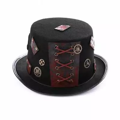 Black Vintage Gothic Steampunk Hat Gear Chain Laceup Accent Cosplay Costume #166 • $19