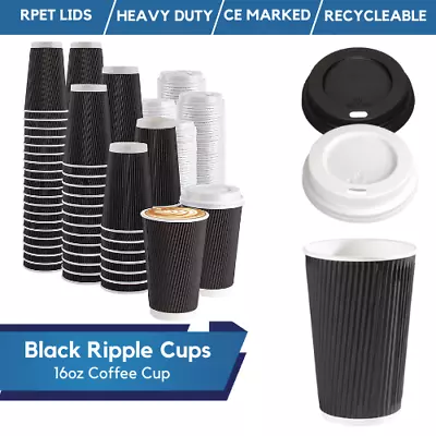 Disposable Black Ripple Cups Triple Wall Black Paper Coffee Cups Reusable Lids • £177.99