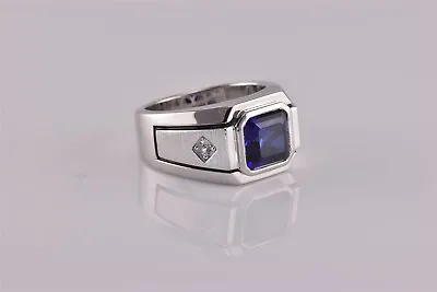 Sterling Silver Blue Sapphire Solitaire W/ Cubic Zirconia Band Ring 925 Sz: 11 • $39.50