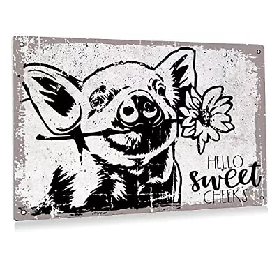 Funny Hello Sweet Cheeks Pig Flower Bathroom Metal Tin Sign Wall Decor Vintage B • $12.89