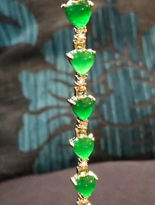 £8.99 • Buy Vintage Style Natural Chrysoprase And White Gems Heart Bracelet 14K Gold Plated