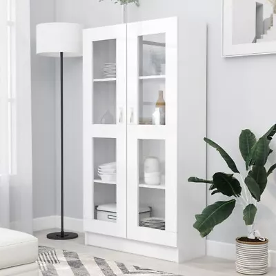 White Cabinet Cupboard Tall Display Storage Unit W/ Glass Doors & Shelving  Uk • £139.99