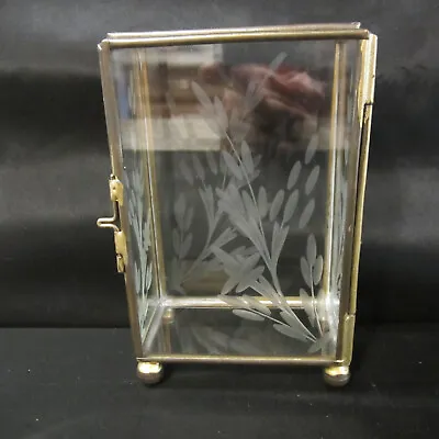 Vintage Trinket Display Box #23 Brass And Glass Etched Cattails On 5 Sides  • $14