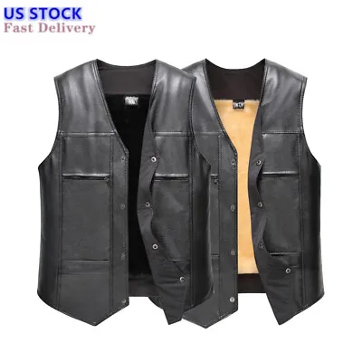 Mens  PU Vest Black Leather Vest Warm Biker Motorcycle Waistcoat Autumn Winter • $15.33