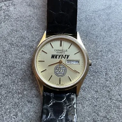 $21.95 • Buy Vintage Caravelle Mens Watch 32mm Gold Tone Case “WKYT-TV” Logo Dial Day/Date A5