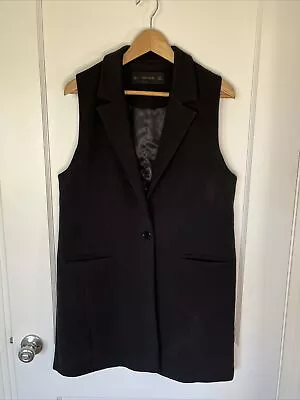ZARA Large Black Long Sleeveless Vest Blazer Collared Lined 1 Button Pockets • $24.99