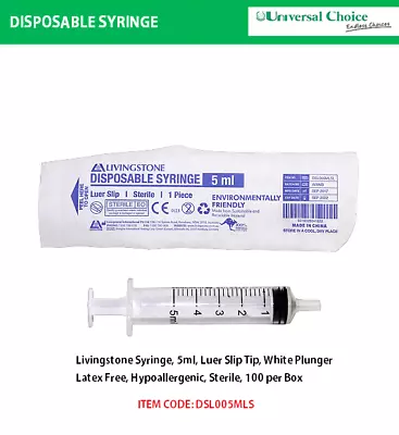 Livingstone Syringe 5ml Luer Slip Tip White Plunger Latex Free 100/Box • $14.25