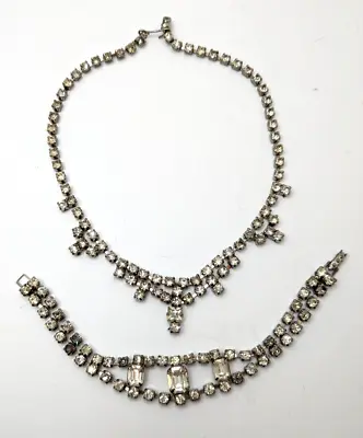 Vintage 1950s Unsigned Clear Crystals Necklace Bracelet Set Silver Tone • $34.99