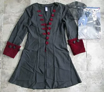 Fever Gothic Vamp Costume Medium Black Coat Mock Waistcoat Cravat Trench Vampire • $14.99