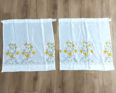 VTG Sheer Kitchen Window Panel Curtains Floral Flower  Daisy Yellow White 2 Pcs • $35.99