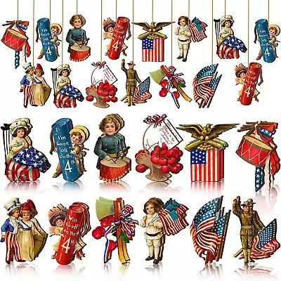 24 Pcs Vintage 4Th Of July Ornaments For Tree Wooden Patriotic Ornaments Memoria • $17.99