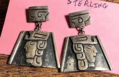 Taxco Mexico 925 Sterling Silver Mayan Face Shield Dangle Earrings~Large~1961 • $31.93