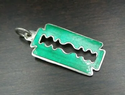 Vintage Mid-Century Mexico Sterling Silver & Green Enamel Designer Razor Pendant • $129.99