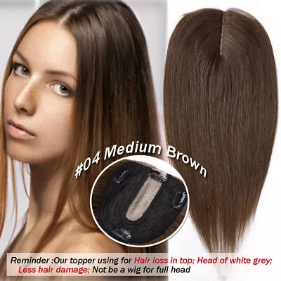 Upgrade Silk Base Topper Toupee Real Remy Human Hair Clip In Top Hairpiece Wig F • $64.37