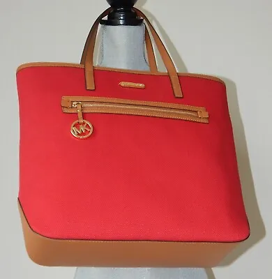 Michael Kors Kempton Canvas Leather Details Large Tote Shoulder Bag Red Nwt • $111.10