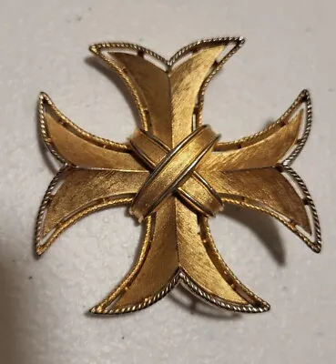 Vintage Crown Trifari Maltese Cross Brushed Gold Tone Pin Brooch • $22