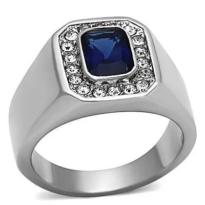 Stainless Steel Dark Blue Created Sapphire CZ Emerald Cut Rectangle Men's Ring • $14.89
