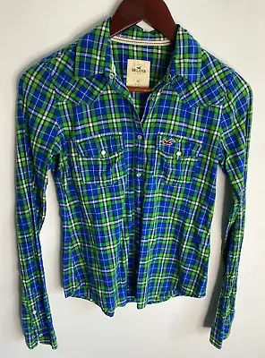 Hollister Shirt Womens XS Blue Green Check Snap Pockets Collared Long Sleeve • $20.99