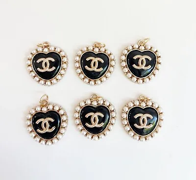 Vintage CC Designer Black Heart Pearl Button STAMPED | 6 PC Bundle • $65