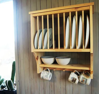 £64.80 • Buy Kitchen Plate Rack With Hooks Pegs, Solid Pine Wood, Wall Mounted Wooden !