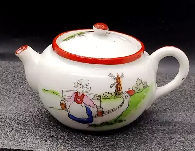 Vintage Miniature Toy Teapot Dutch Girl Windmill Scene Japan Red Trim  • $9.99