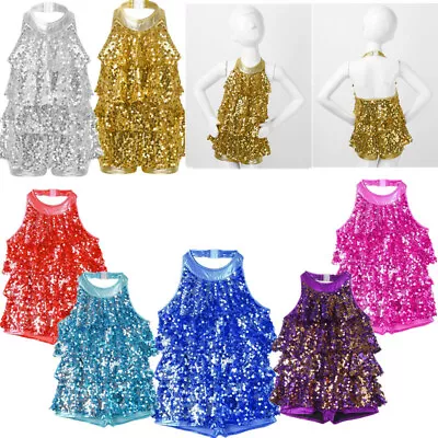 UK Kid Girl Shiny Sequin Sleeveless Halter Neck Leotard Dress Jazz Dance Costume • £11.16