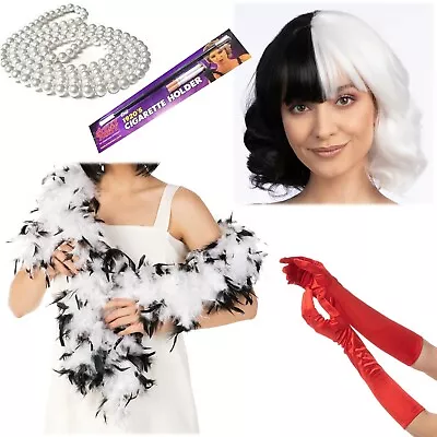 Devilla Villian Fancy Dress Halloween Accessories Gloves Boa Wig Pearls Lot  • £4.99