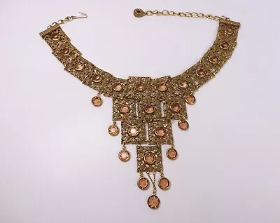 Drippy Vintage Gold Tone Bib Necklace With Peachy-Amber Rhinestones & Fringe • $50