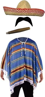 Mexican Poncho Sombrero Cigar Mens Mexico Fancy Dress Costume Stag Party Outfit • £16.99