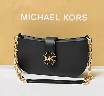 Michael Kors Carmen Small Pouchette Shoulder Chain Bag Black/gold Toned Hardware • $54