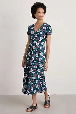 Seasalt Women's Dress - Navy Flower Bud Short Sleeve V-Neck Midi Dress - Regular • £39.57