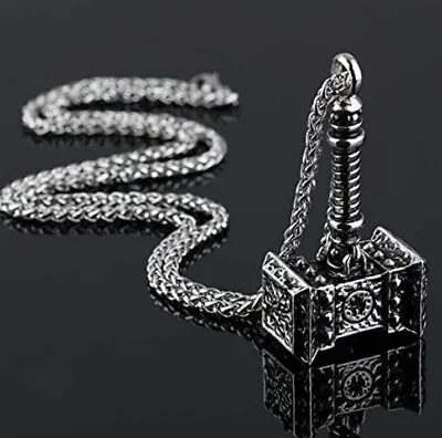 Men's Stainless Steel Norse Odin Viking Thor Hammer Mjolnir Pendant Necklace • £6.45