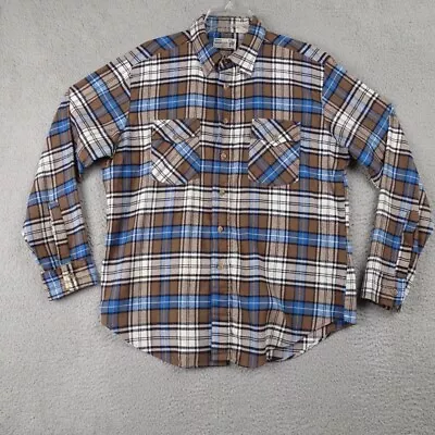Vintage Sears Roebucks Flannel Shirt Mens Large Blue Plaid Cotton Blend Button • $24.73