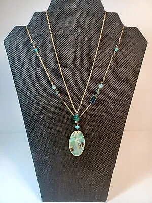 Teal Capiche Shell Gold Tone Beaded  2 Chain Layered Necklace Mermaid  • $14.44