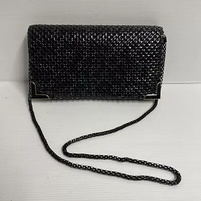 Vintage Mesh Beaded Evening Purse Crossbody Bag Black Gold Trim • $14.95