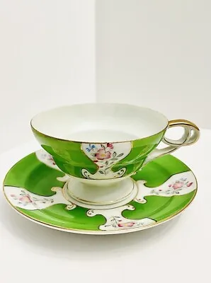 UCAGCO Japan Green Gold Demitasse Cup & Saucer Occupied Hand Painted Floral Sym • $19.99