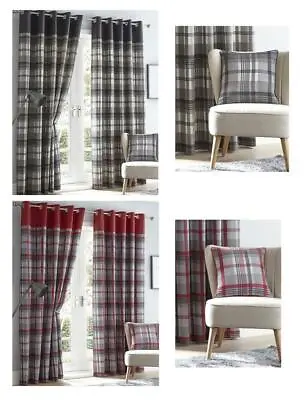 £6.29 • Buy Lined Curtains Tartan Check Eyelet Ring Top Curtains Red & Grey Or Charcoal & Ta