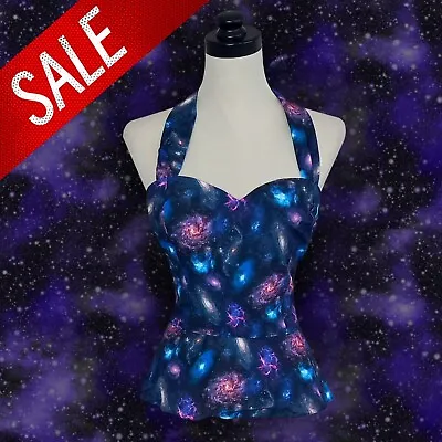 Galaxy Print Halter Neck Top With Shirred Elastic Back & Peplum Size 14 • £15