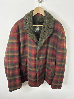 Vintage Maple Leaf Tartan Canada Men L Wool Plaid Sherpa Lined Coat Jacket • $129