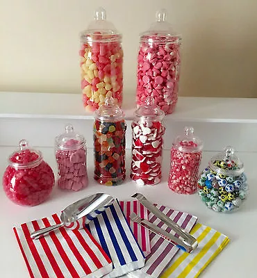 EIGHT Sweet Jars PLUS Scoop Tong AND 50 Bags Candy/Sweet Buffet Table Wedding • £16.49