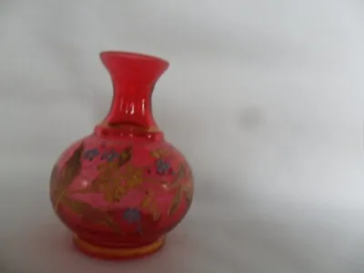 Antique Cranberry Glass Vase Withenamal Flowers • £15