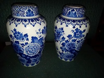 Pair Vintage Hand Painted Delft Blue & White Faience Pottery Vases Jars Flowers  • $88.88