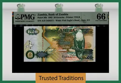 TT PK 36b 1992 ZAMBIA BANK OF ZAMBIA 20 KWACHA PMG 66 EPQ GEM UNCIRCULATED • $12.99